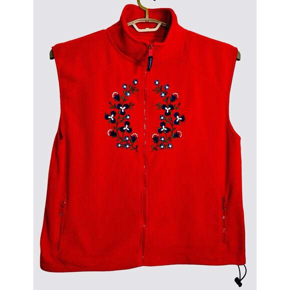 Women's Fleece Vest Embroidered Christmas Xmas 2XL Red Zippered Floral Nordic - Picture 1 of 8